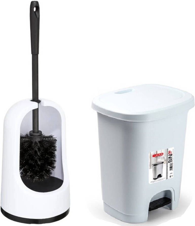 5Five WC- toiletborstel en houder wit met kleine pedaalemmer 8 liter Badkameraccessoireset