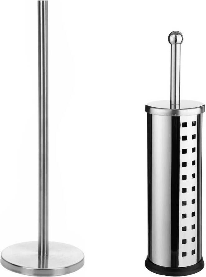 5Five WC- toiletborstel in houder 39 cm met wc-rollen houder rvs zilver Badkameraccessoireset