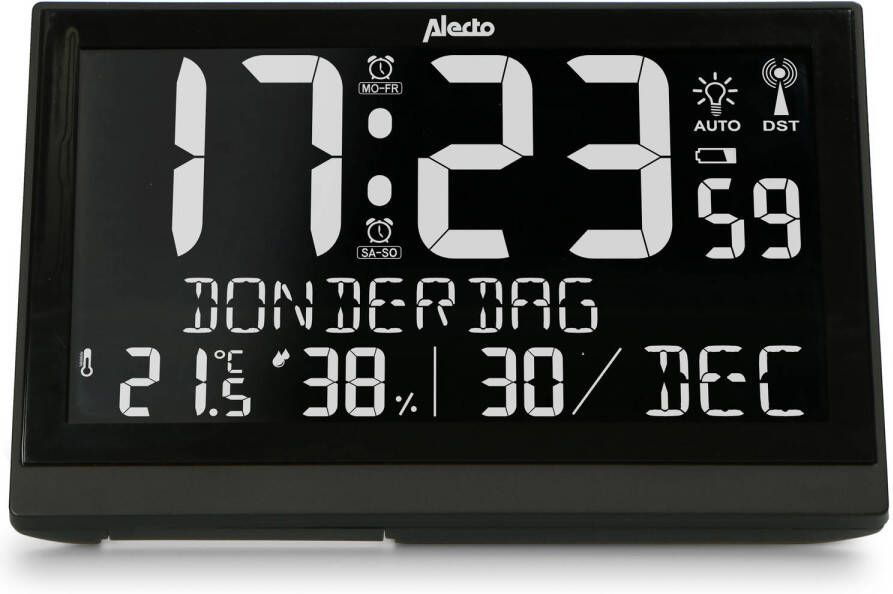 Alecto AK-70 Grote digitale klok met thermometer en hygrometer | Groot display | Wekker met snooze | Zwart