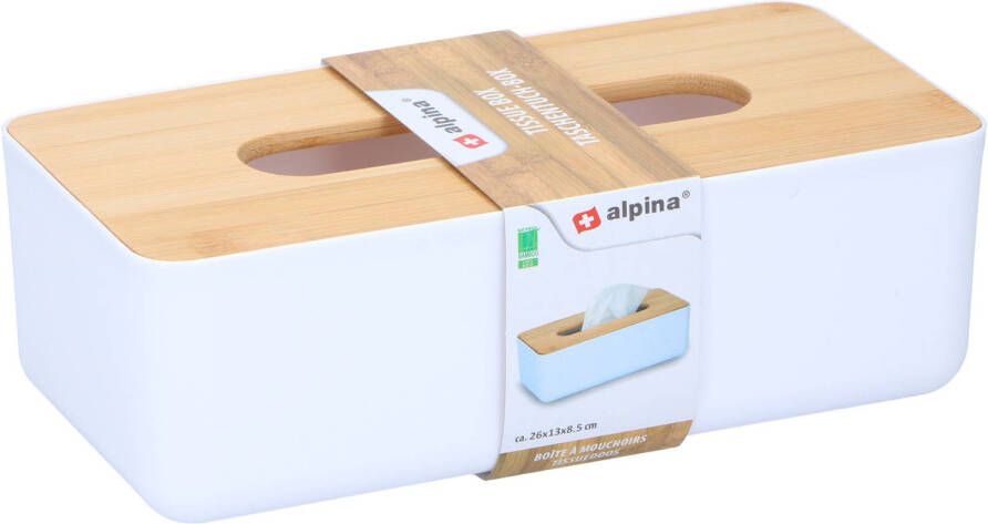 Alpina Tissuedoos zakdoekjes box wit lichtbruin kunststof bamboe deksel 26 x 13 x 9 cm Tissuehouders