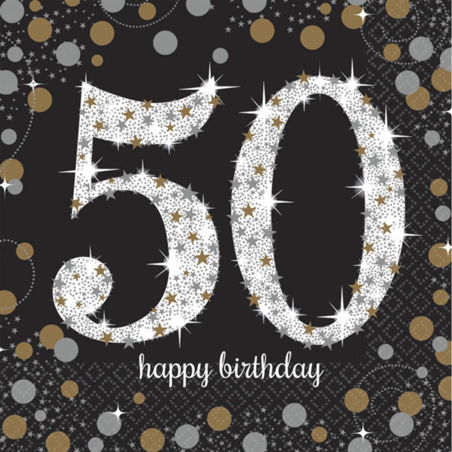Amscan 16x stuks 50 jaar verjaardag feest servetten zwart met confetti print 33 x 33 cm Feestservetten