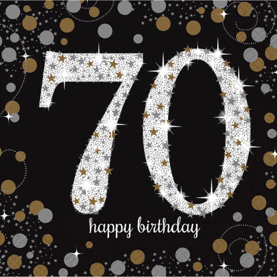 Amscan 16x stuks 70 jaar verjaardag feest servetten zwart met confetti print 33 x 33 cm Feestservetten