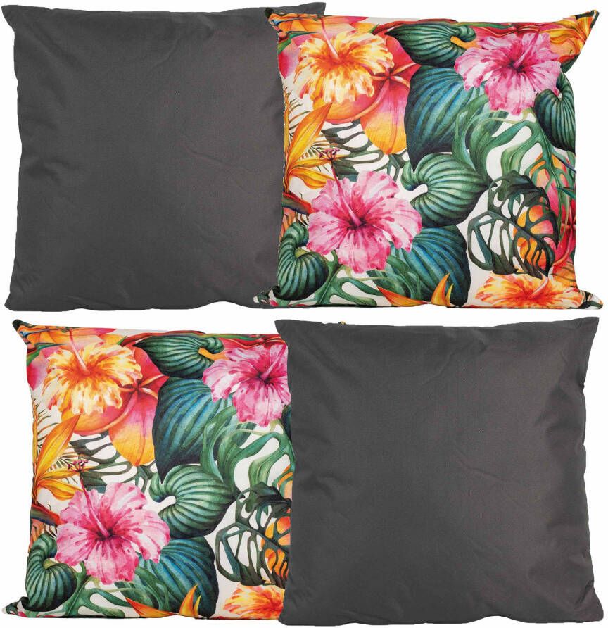 Anna&apos;s Collection Bank tuin kussens set voor binnen buiten 4x stuks antraciet tropical print 45 x 45 cm Sierkussens