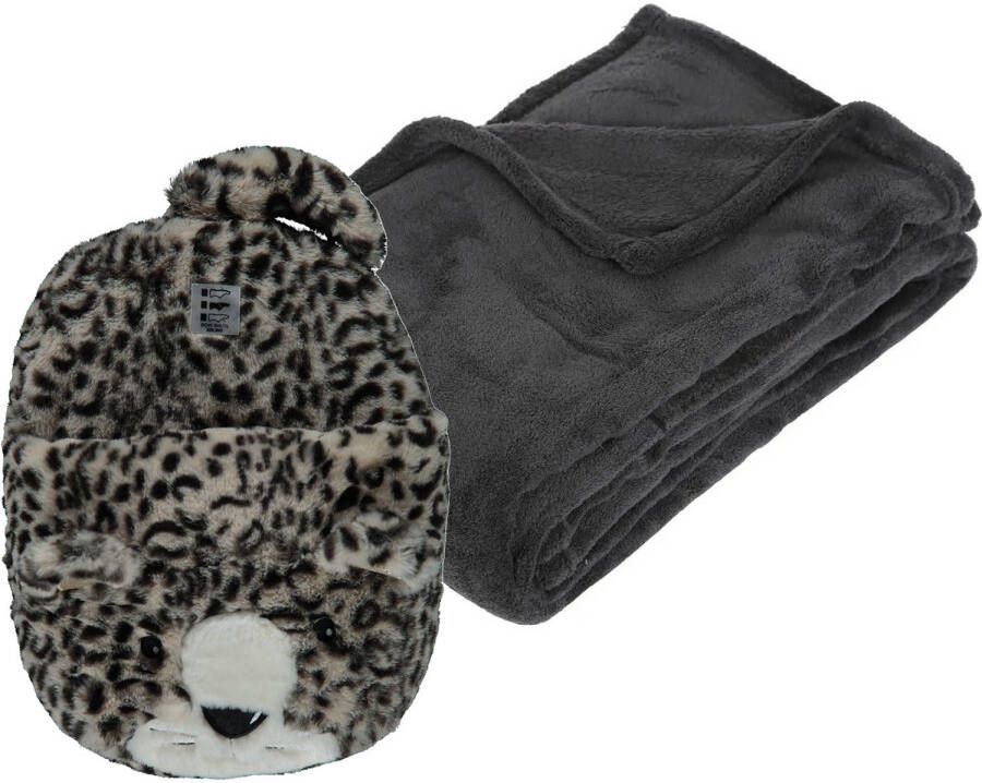 Apollo Fleece deken antraciet 125 x 150 cm met voetenwarmer slof cheetah one size Voetenwarmers