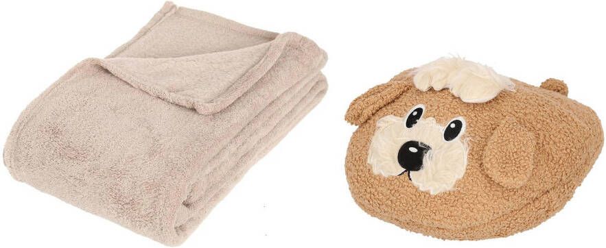 Apollo Fleece deken beige 125 x 150 cm met voetenwarmer slof Terrier hond one size Voetenwarmers