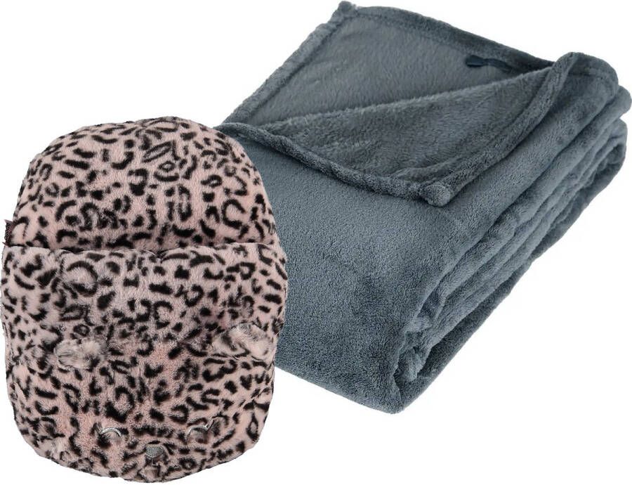 Apollo Fleece deken blauwgrijs 125 x 150 cm met voetenwarmer slof cheetah one size Voetenwarmers