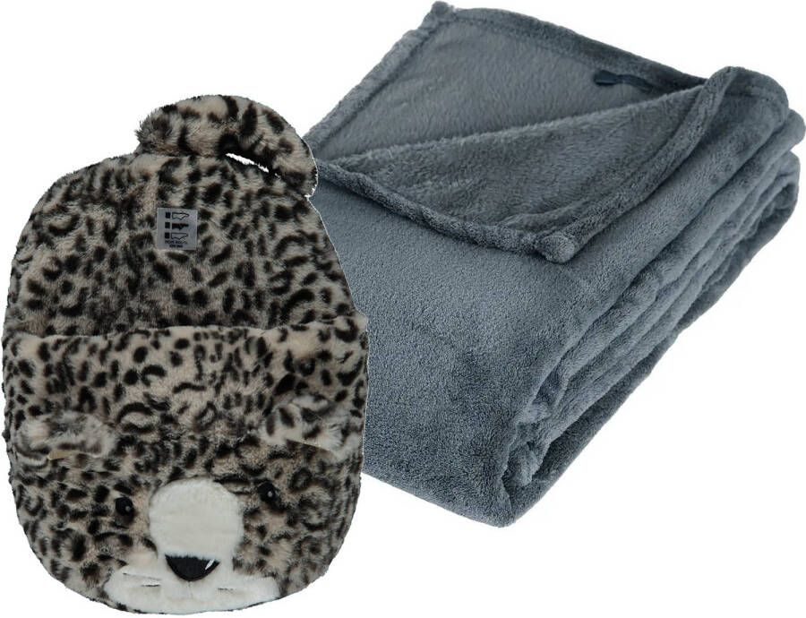 Apollo Fleece deken blauwgrijs 125 x 150 cm met voetenwarmer slof cheetah one size Voetenwarmers