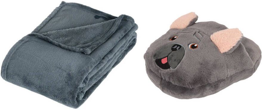 Apollo Fleece deken blauwgrijs 125 x 150 cm met voetenwarmer slof Frans Bulldog hond one size Voetenwarmers