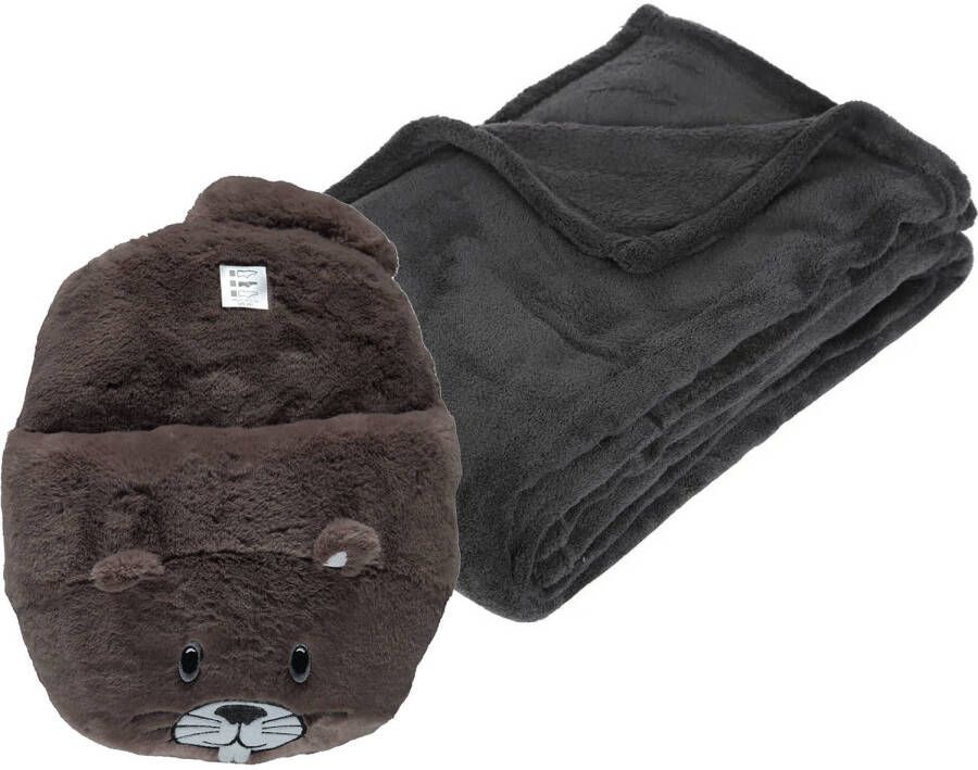 Apollo Fleece deken donkergrijs 125 x 150 cm met voetenwarmer slof bever one size Voetenwarmers