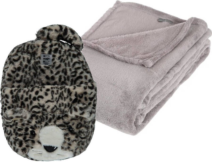 Apollo Fleece deken lichtgrijs 125 x 150 cm met voetenwarmer slof cheetah one size Voetenwarmers