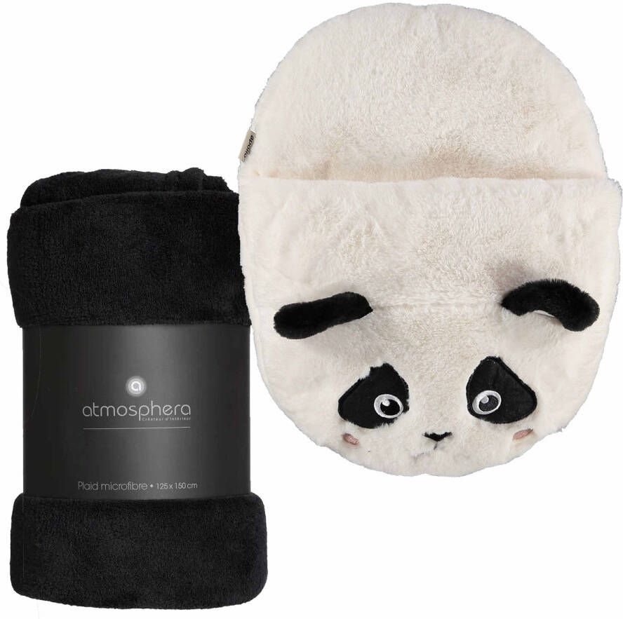 Apollo Fleece deken zwart 125 x 150 cm met voetenwarmer slof panda beer one size Voetenwarmers