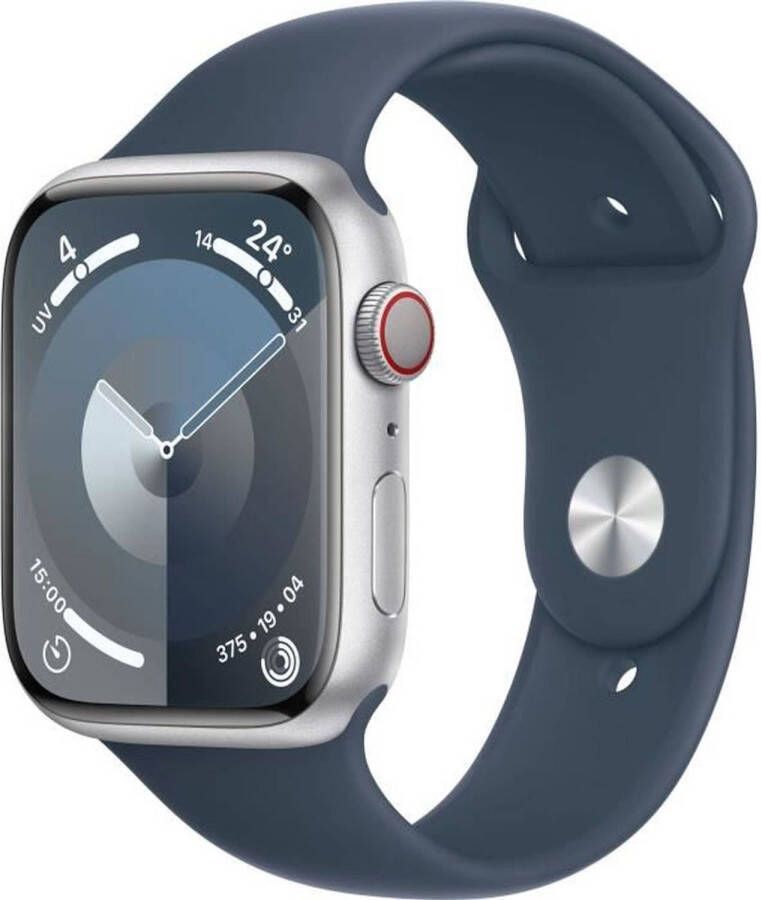 Apple Watch Series 9 GPS + mobiel 45 mm Kast van zilverkleurig aluminium Stormblauw sportbandje S M