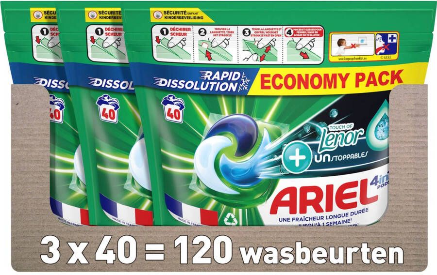 Ariel 4in1 pods + Touch Van Lenor Unstoppables 3x40 Wasbeurten Voordeelverpakking