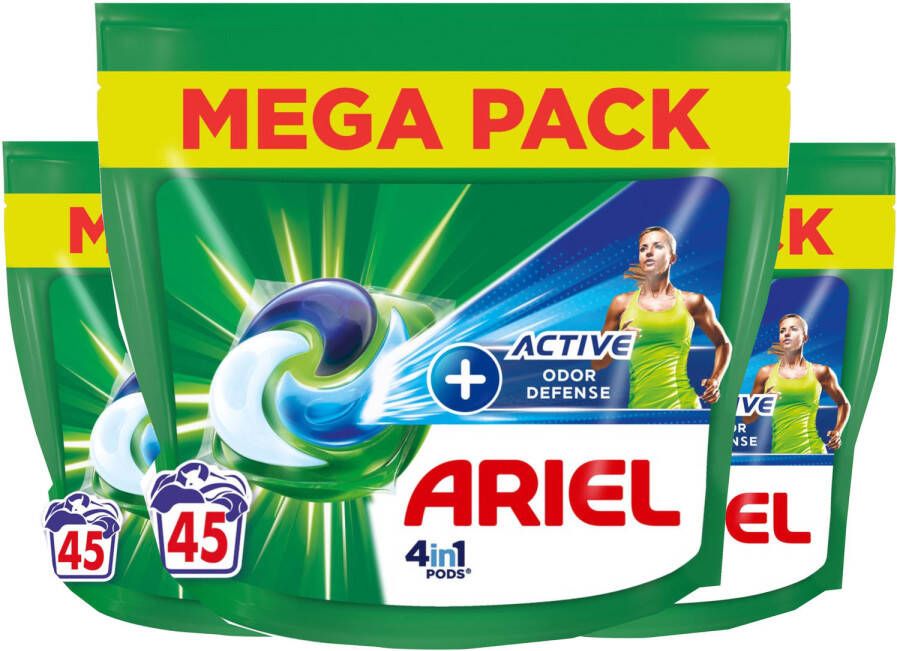 Ariel 4in1 Wasmiddel Pods +Active Odor Defense Vleugje Ambi Pur 3x45 Capsules