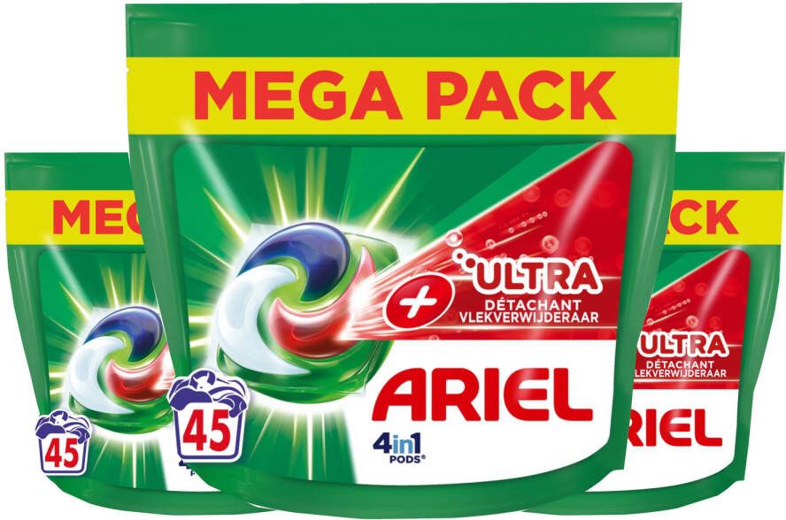 Ariel 4in1 Wasmiddel Pods +Ultra Vlekverwijderaar 3 x 45 Wasbeurten