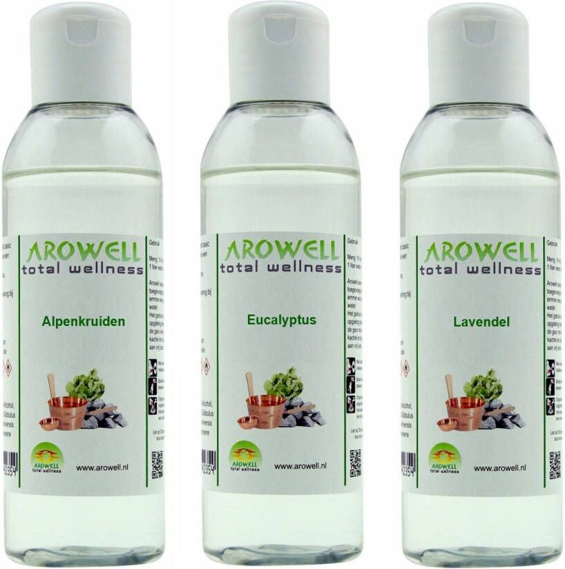 Arowell Alpenkruiden Eucalyptus Lavendel sauna opgiet saunageur opgietconcentraat 3x 250 ml