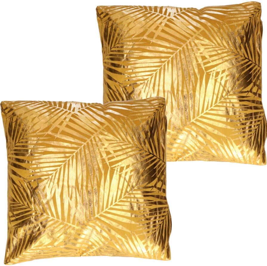 Atmosphera 2x Bank sier kussens voor binnen palmen print Oker goud 40 x 40 x 11 cm Sierkussens