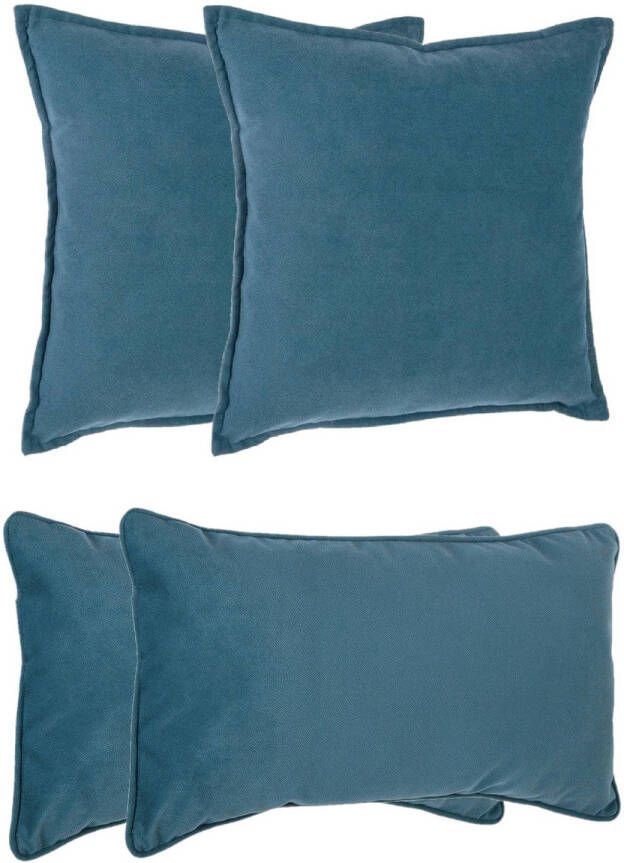 Atmosphera Bank sierkussens Sophia set 4x Blauw polyester met rits In 2 formaten Sierkussens