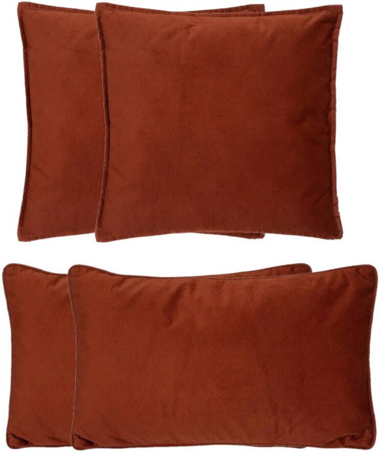 Atmosphera Bank sierkussens Sophia set 4x Terracotta polyester met rits In 2 formaten Sierkussens