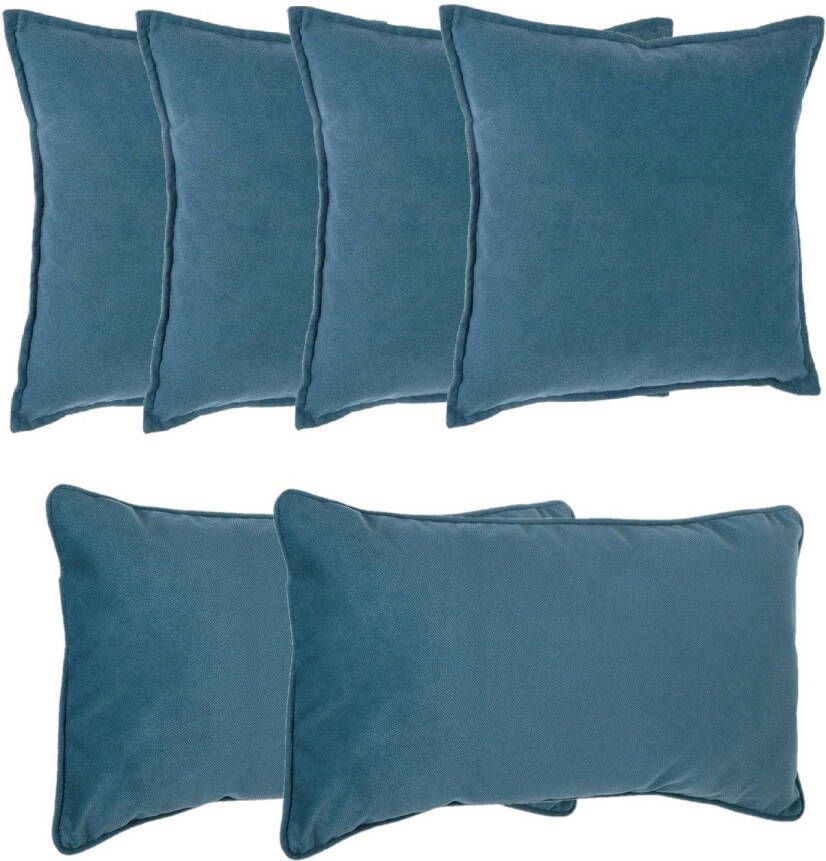 Atmosphera Bank sierkussens Sophia set 6x Blauw polyester met rits In 2 formaten Sierkussens