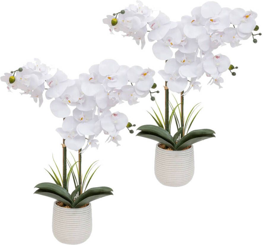 Atmosphera Orchidee bloemen kunstplant in een witte bloempot 2x witte bloemen H60 cm Kunstplanten