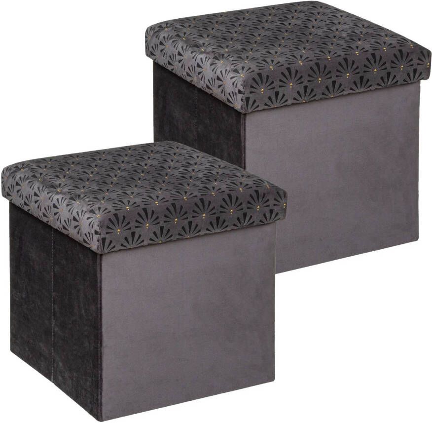 Atmosphera Poef krukje hocker Royal 2x Opvouwbare opslag box fluweel Donkergrijs D38 x H38 cm Poefs