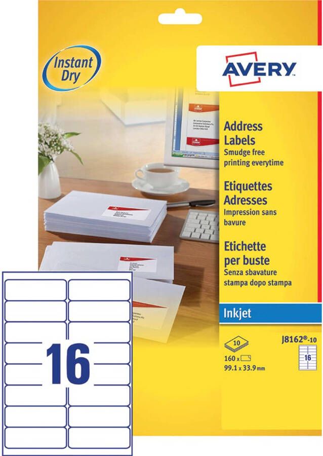 Avery J8162-10 adresetiketten ft 99 1 x 33 9 mm (b x h) 160 etiketten wit