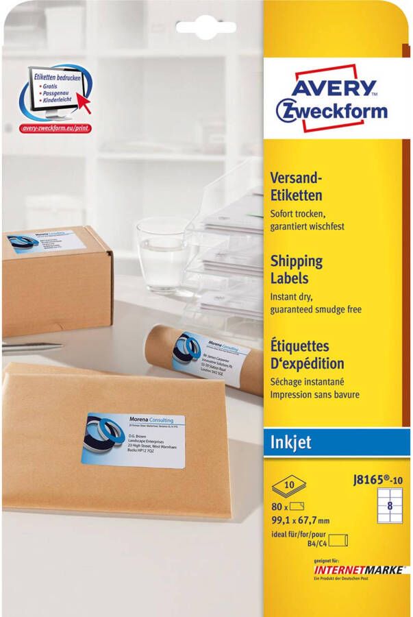 Avery Witte etiketten QuickDry doos van 10 blad ft 99 1 x 67 7 mm (b x h) 80 stuks 8 per blad Met ...