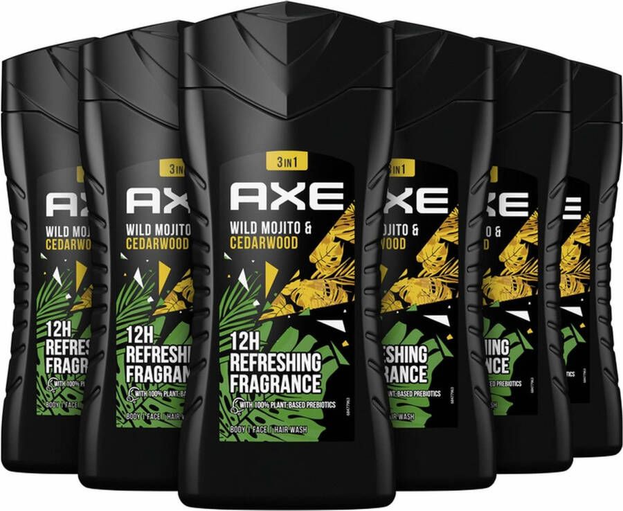 Axe 3-in-1 Douchegel Facewash & Shampoo Mannen Wild Mojito & Cedarwood 6 x 250 ml Voordeelverpakking