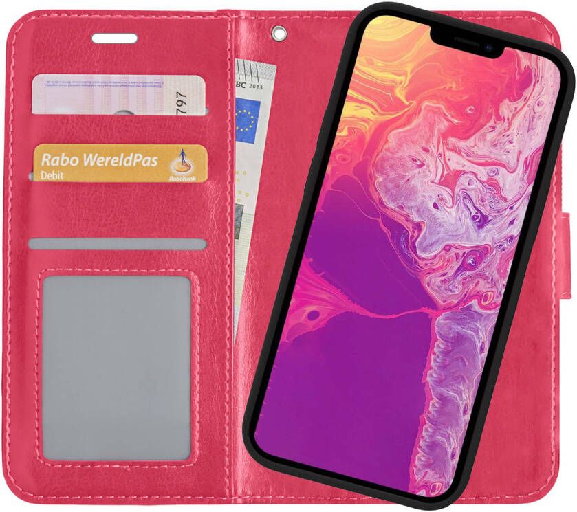 Basey iPhone 13 Pro Max Hoesje Bookcase Hoes 2-in-1 Cover iPhone 13 Pro Max Hoes 2-in-1 Hoesje Case Donker Roze