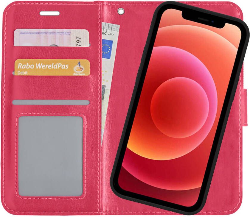 Basey iPhone Xs Hoesje Bookcase Hoes 2-in-1 Cover iPhone Xs Hoes 2-in-1 Hoesje Case Donker Roze