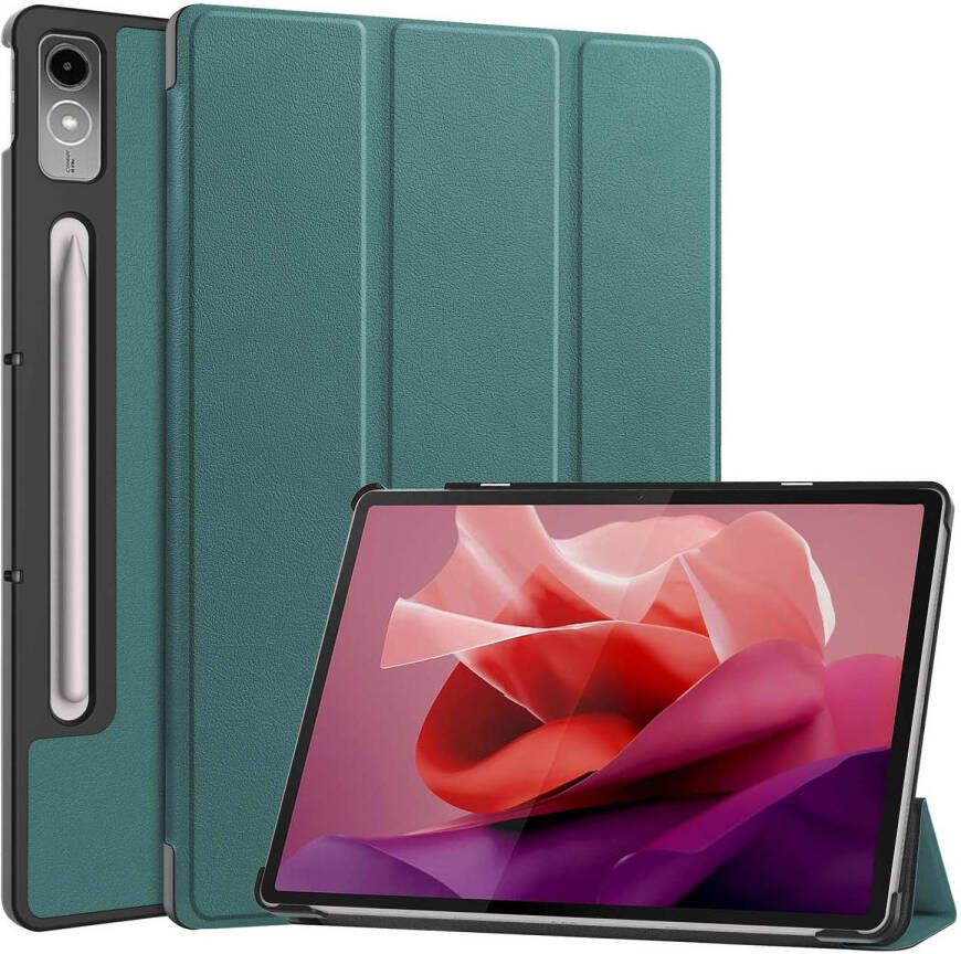 Basey Lenovo Tab P12 Hoesje Kunstleer Hoes Case Cover -Donkergroen