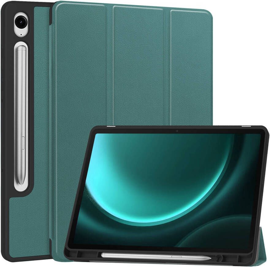 Basey Samsung Galaxy Tab S9 FE Hoesje Kunstleer Hoes Case Cover -Donkergroen