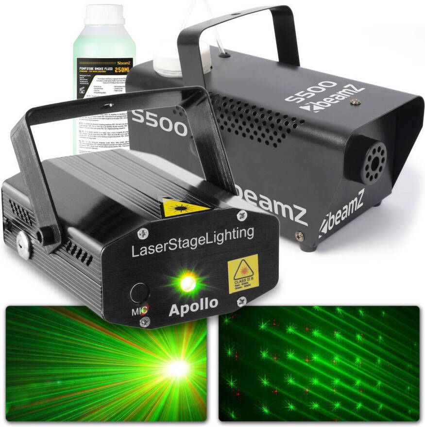 BeamZ Disco set metalen 500W rookmachine met rood groene laser