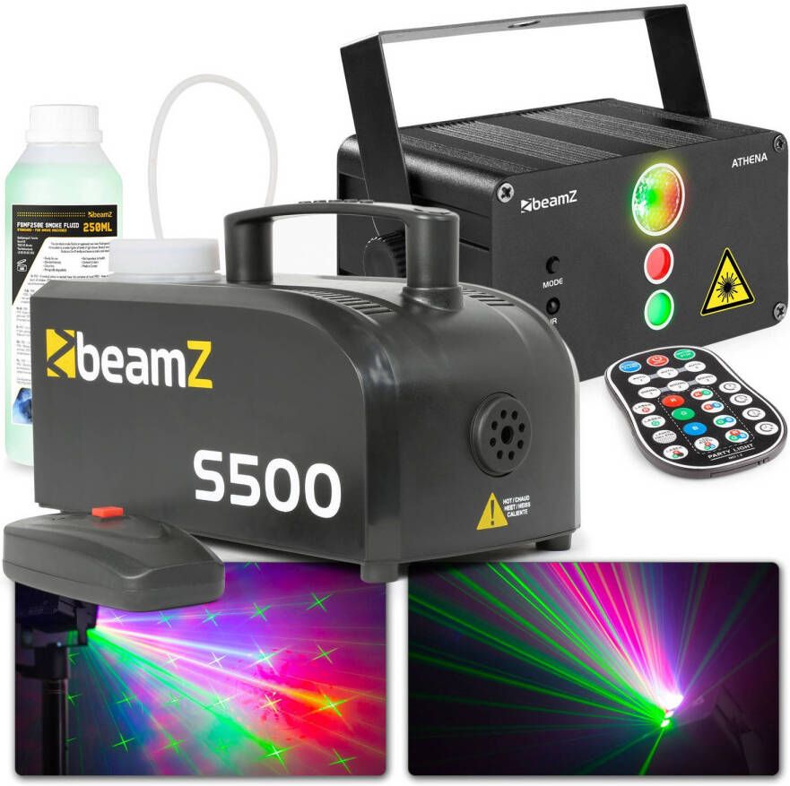 BeamZ Party laser met rookmachine Athena accu laser rood groen met LED