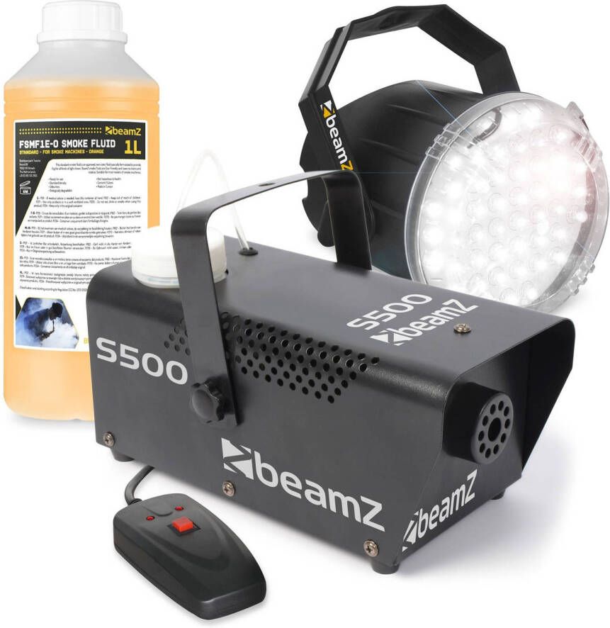 BeamZ Rookmachine en stroboscoop LED stroboscoop + S500 rookmachine 500W met extra 250ml rookvloeistof (500ml totaal)
