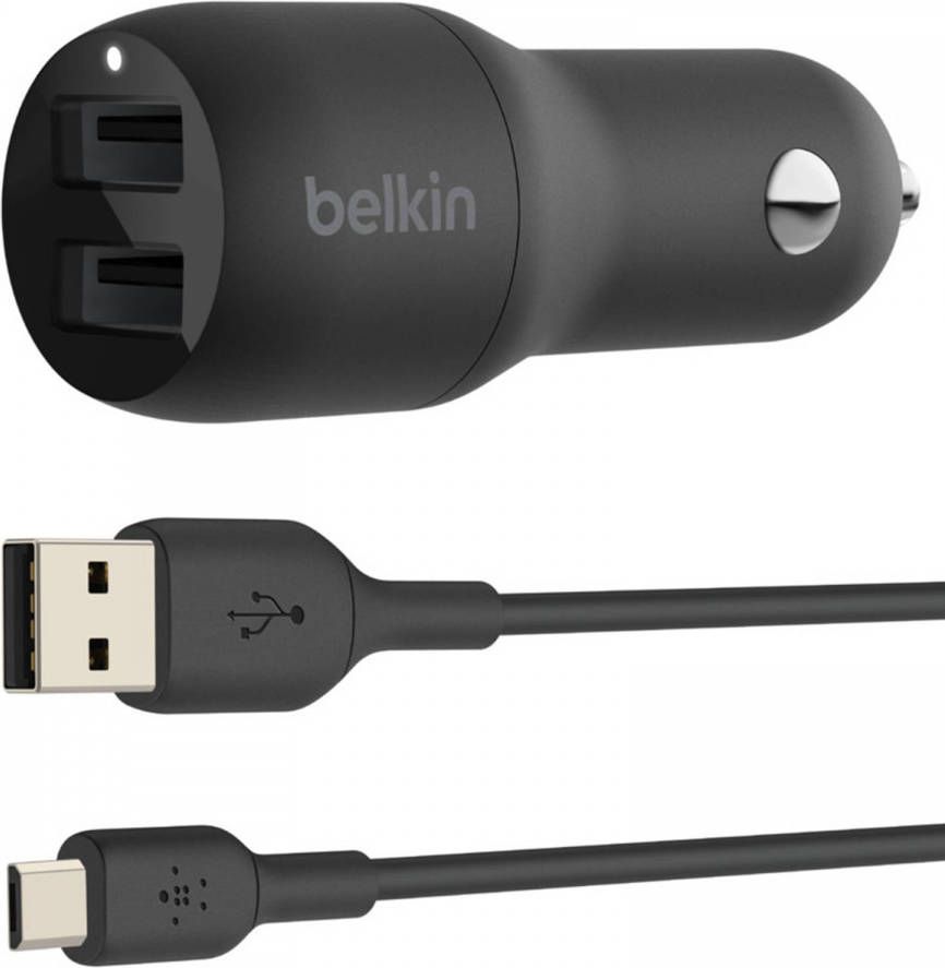 Belkin DUAL USB-A CAR 1 dual USB-A autolader met USB-A Micro-USB kabel (Zwart)