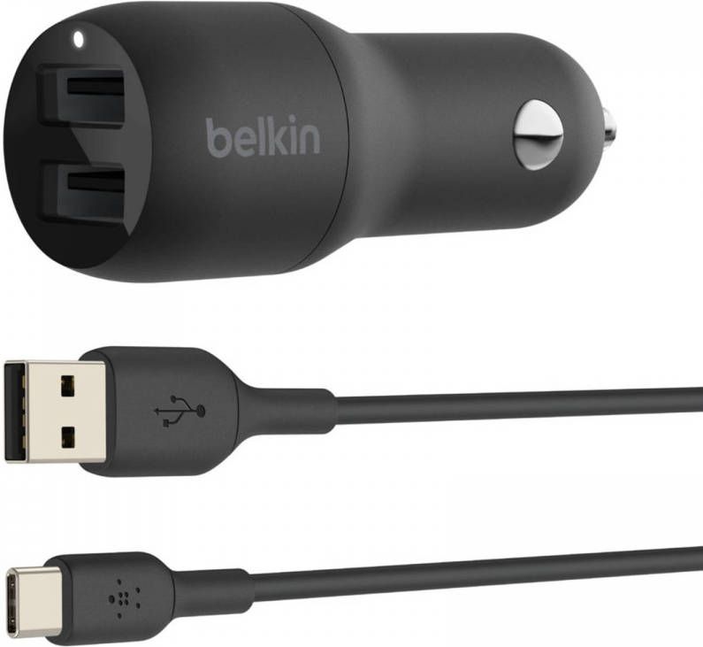 Belkin Boost?Charge™ Dual USB Car Charger + USB-C kabel 24W Zwart