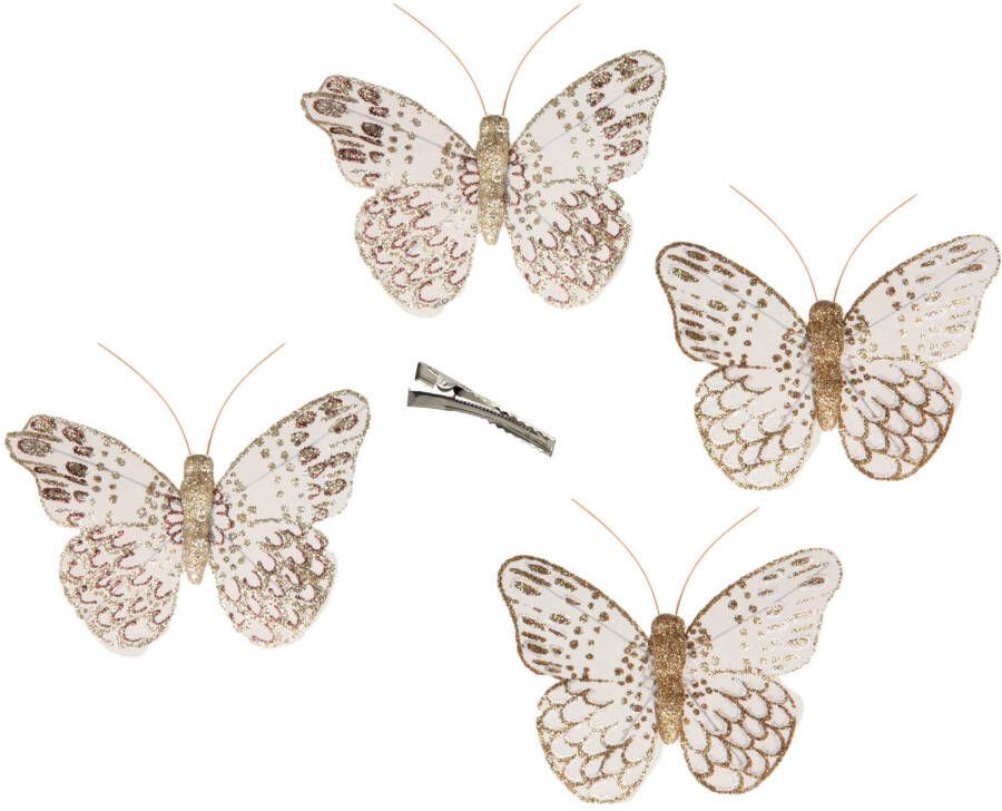 Bellatio Decorations 12x stuks decoratie vlinders op clip goud glitter 10 x 8 cm Hobbydecoratieobject