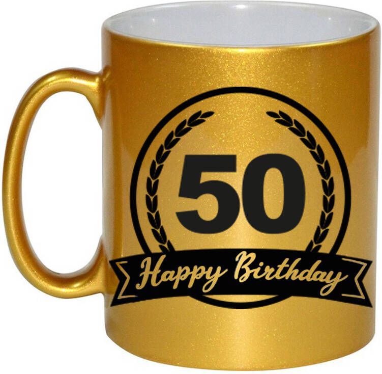 Bellatio Decorations Happy Birthday 50 years met wimpel cadeau koffiemok theebeker goud 330 ml Abraham Sarah feest mokken