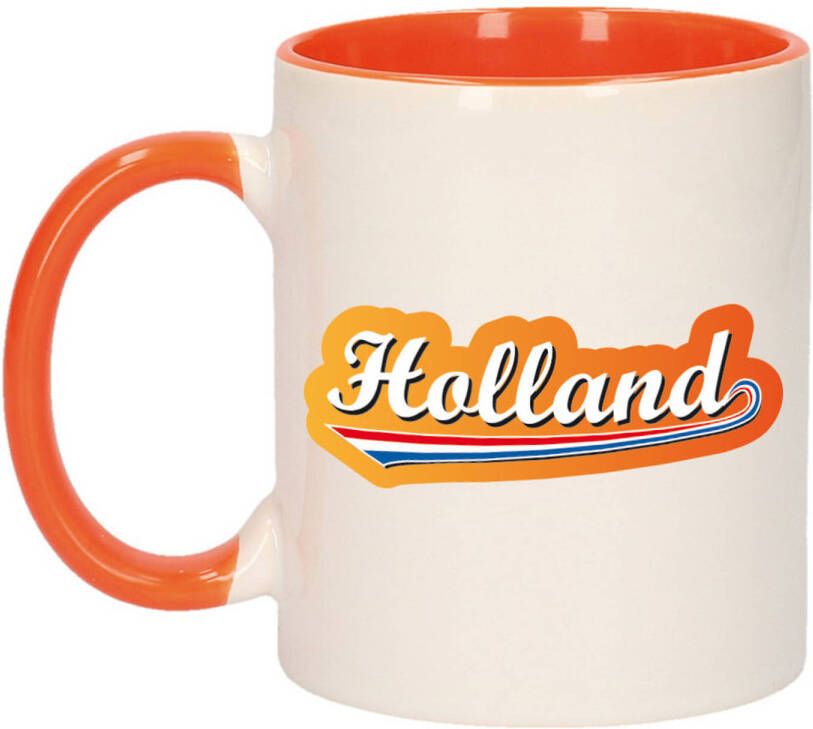 Bellatio Decorations Mok beker wit en oranje Holland met lettercontour 300 ml feest mokken