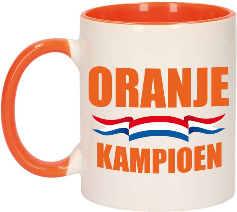 Bellatio Decorations Mok beker wit en oranje met Nederlandse vlag Oranje kampioen 300 ml feest mokken