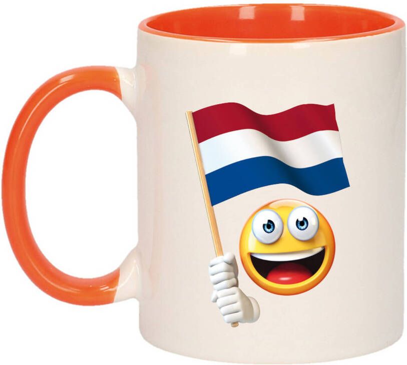 Bellatio Decorations Mok beker wit en oranje smiley vlag Nederland 300 ml feest mokken