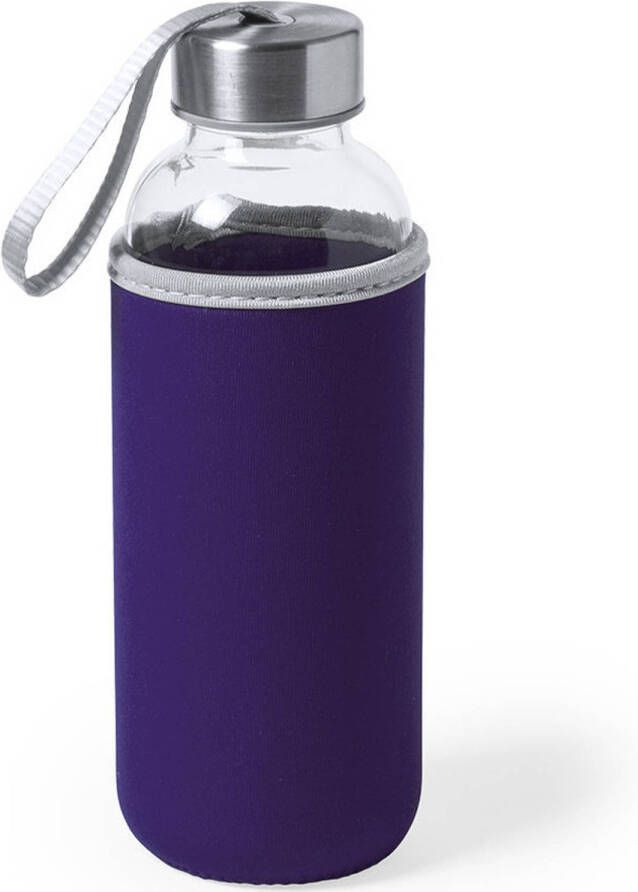 Merkloos Glazen waterfles drinkfles met paarse softshell bescherm hoes 420 ml Drinkflessen