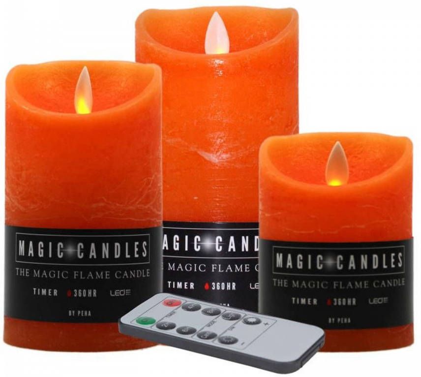 Merkloos Sans marque Kaarsen set van 3x stuks LED stompkaarsen oranje met afstandsbediening Woondecoratie Elektrische kaarsen