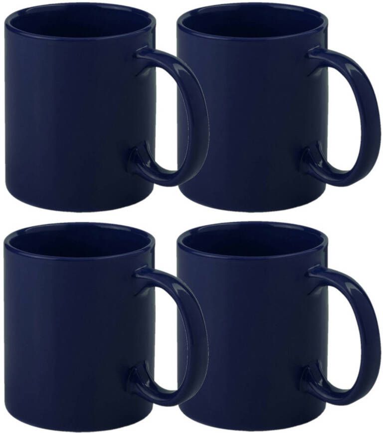 Bellatio Design Koffie mokken bekers 4x keramiek glans met oor donkerblauw 370 ml Bekers