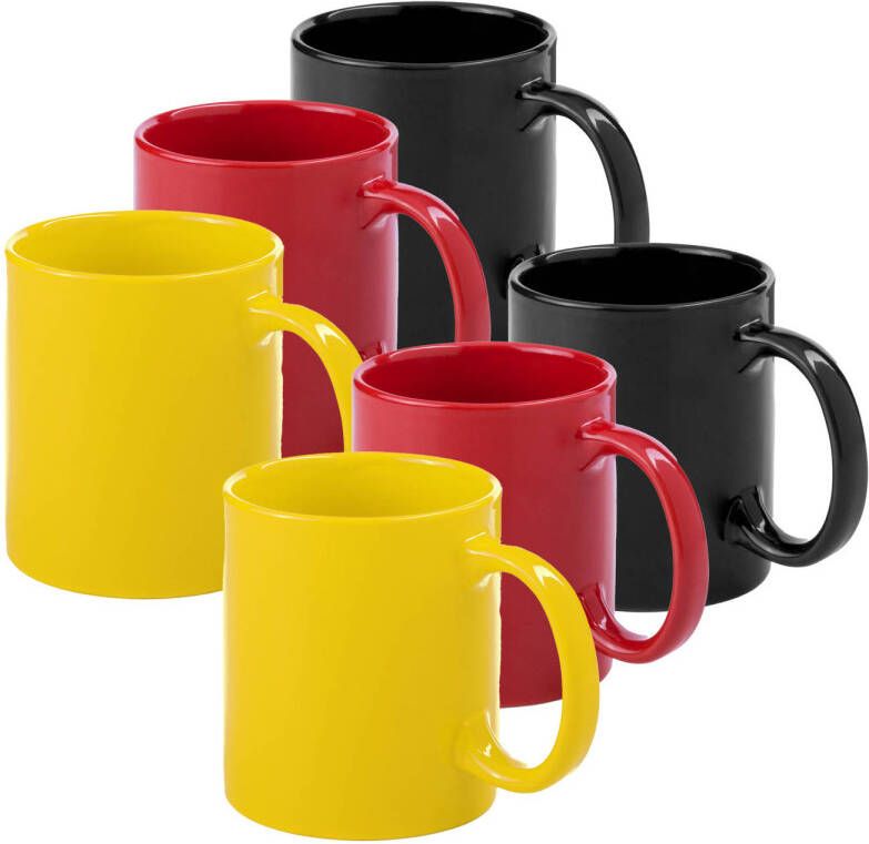 Bellatio Design Koffie mokken drinkbekers Auxerre 6x keramiek geel rood zwart 370 ml Bekers