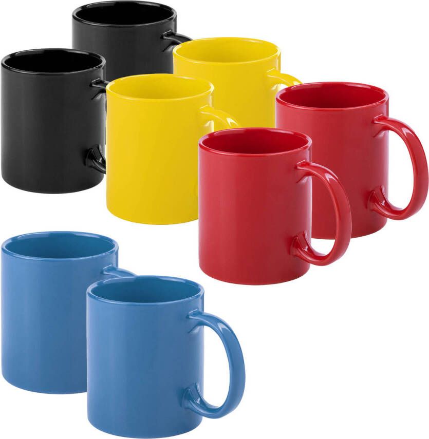 Bellatio Design Koffie mokken drinkbekers Auxerre 8x keramiek geel rood blauw zwart 370 ml Bekers