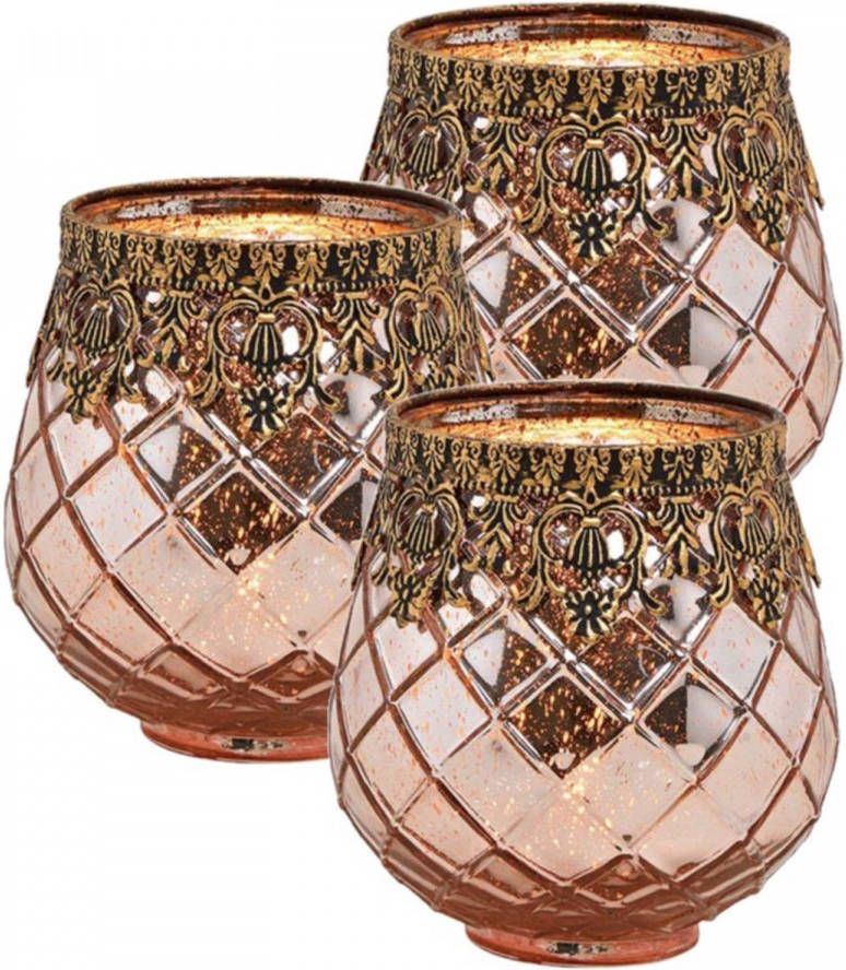 Set van 3x stuks glazen design windlicht kaarsenhouder in de kleur rose goud met formaat 13 x 14 x 13 cm. Voor waxinelichtjes