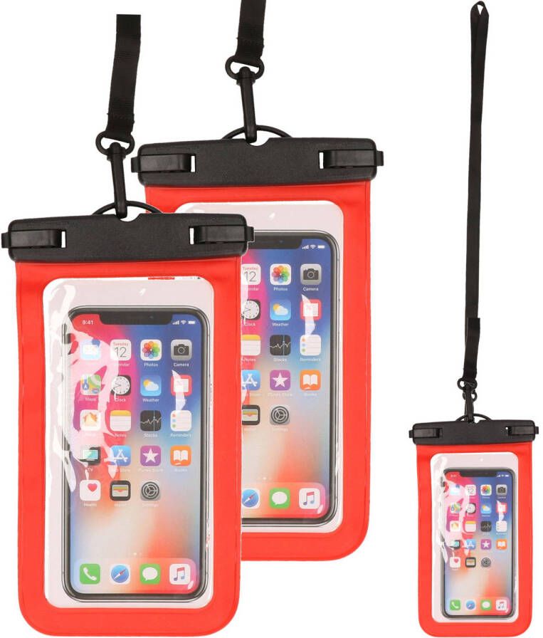 Bellatio Design Set van 3x stuks waterdicht telefoonhoesje voor alle telefoons tot 6 inch rood Telefoonhoesjes